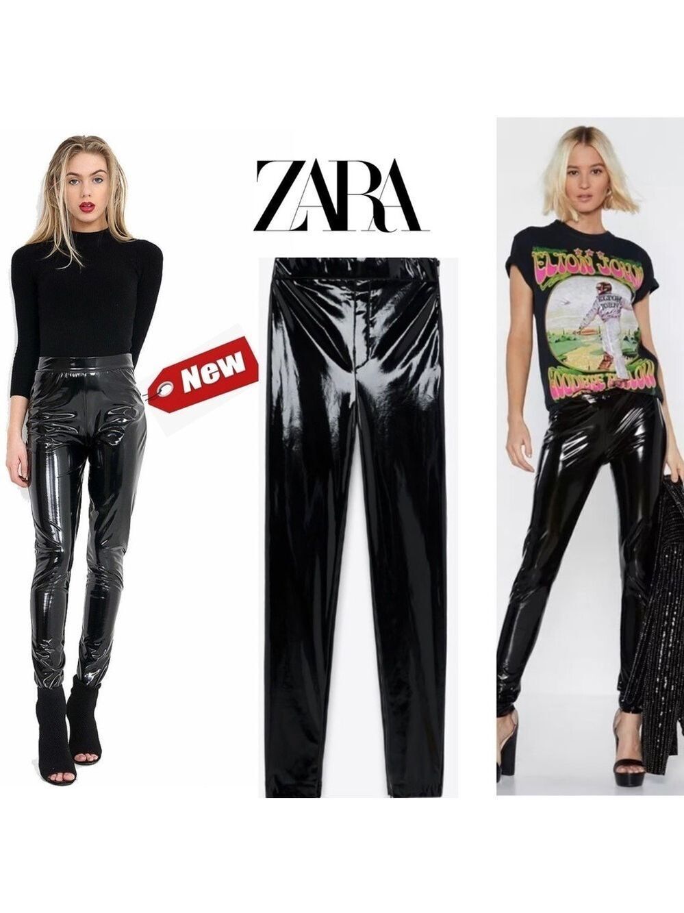 Zara black vinyl high-rise leggings pants Sz XL NWT